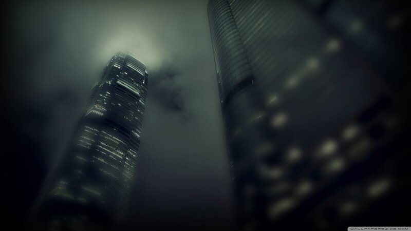 Skyscrapers in Fog — Gray, Dark, Night
