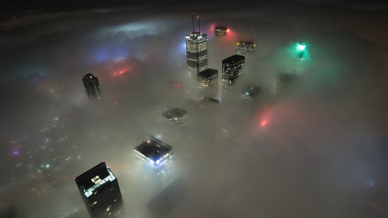 Skyscrapers in Fog — Gray, Dramatic, Night, Photograph