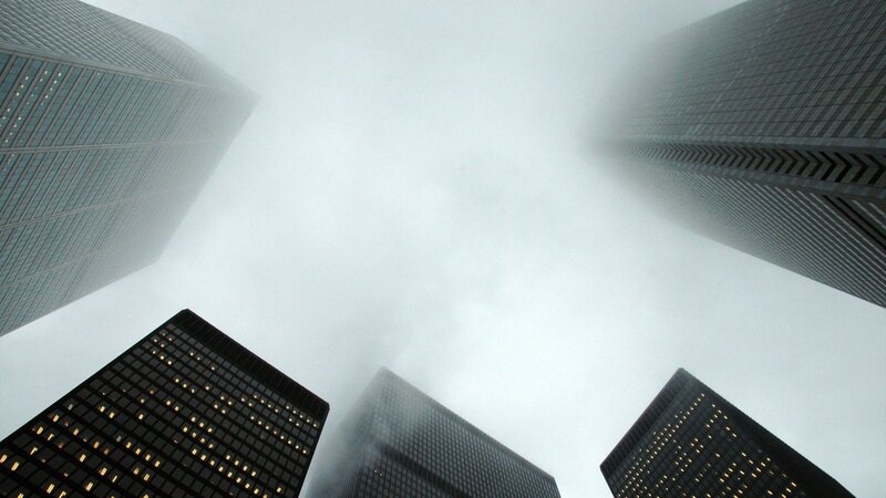 Skyscrapers in Fog — Gray, Dramatic, Photograph, Buildings