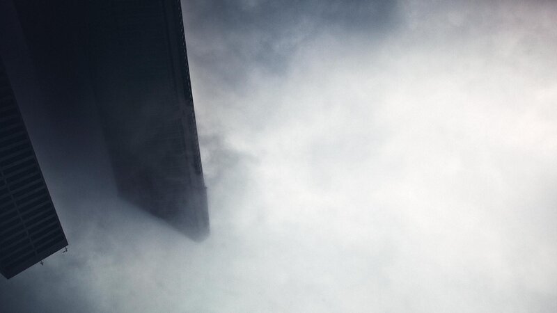 Skyscrapers in Fog — Gray, Dramatic, Photograph, Sky, Building