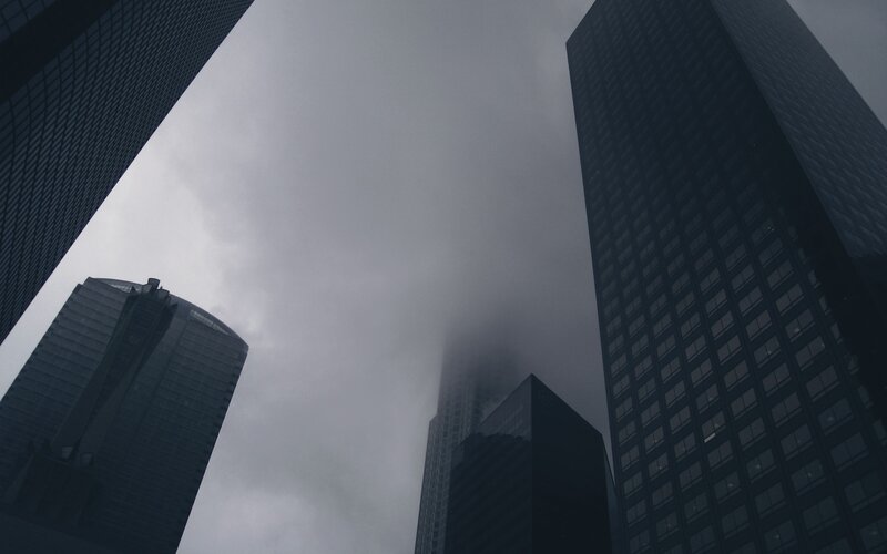 Skyscrapers in Fog — Gray, Dramatic, Photograph, Sky, Buildings, Black