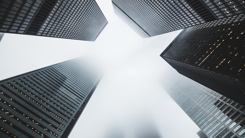 Skyscrapers in Fog — Gray, Dramatic, Photograph, Sky, Windows