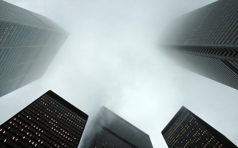 Skyscrapers in Fog — Gray, Dramatic, Photograph