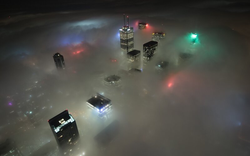Skyscrapers in Fog — Gray, Mysterious, Night