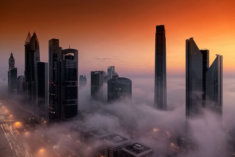 Skyscrapers in Fog — Orange