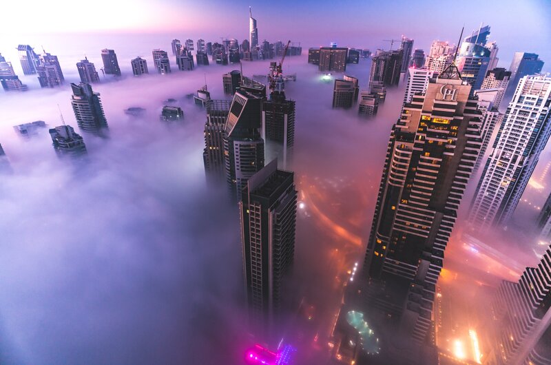 Skyscrapers in Fog — Purple, Dramatic