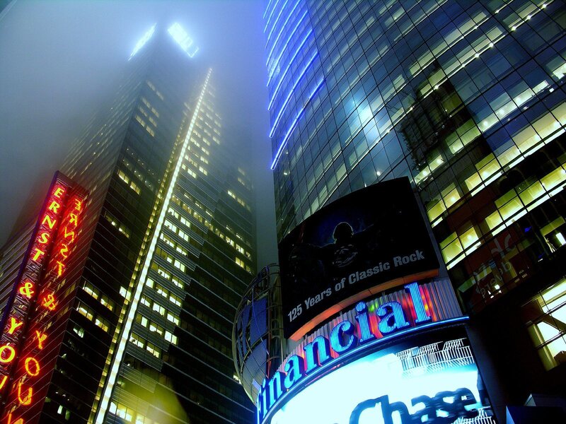 Skyscrapers in foggy city