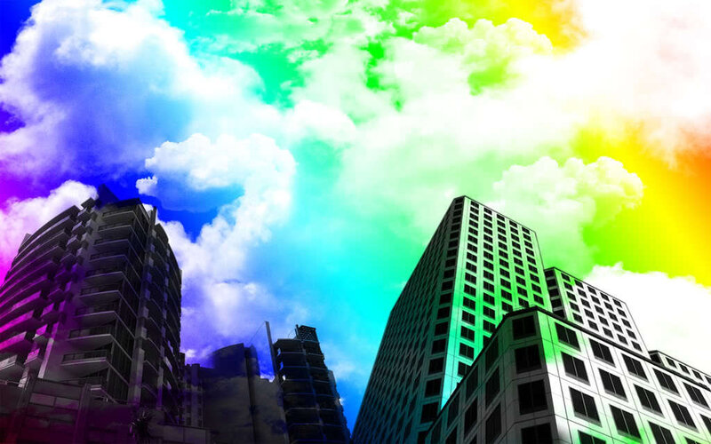 Skyscrapers under Rainbow Sky