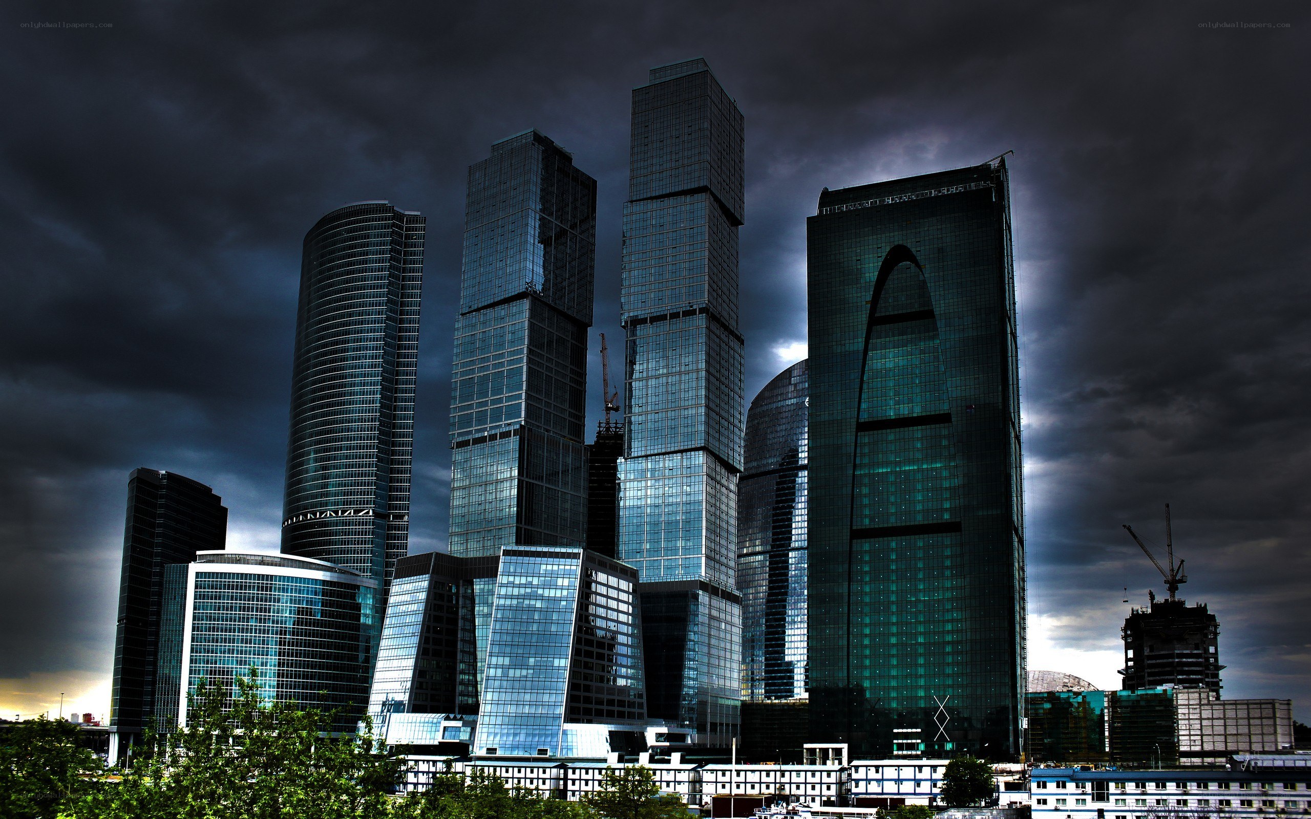 Skyscrapers under stormy sky