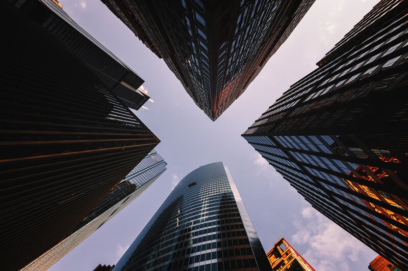 Skyscrapers Viewed from Below — Blue, Dramatic