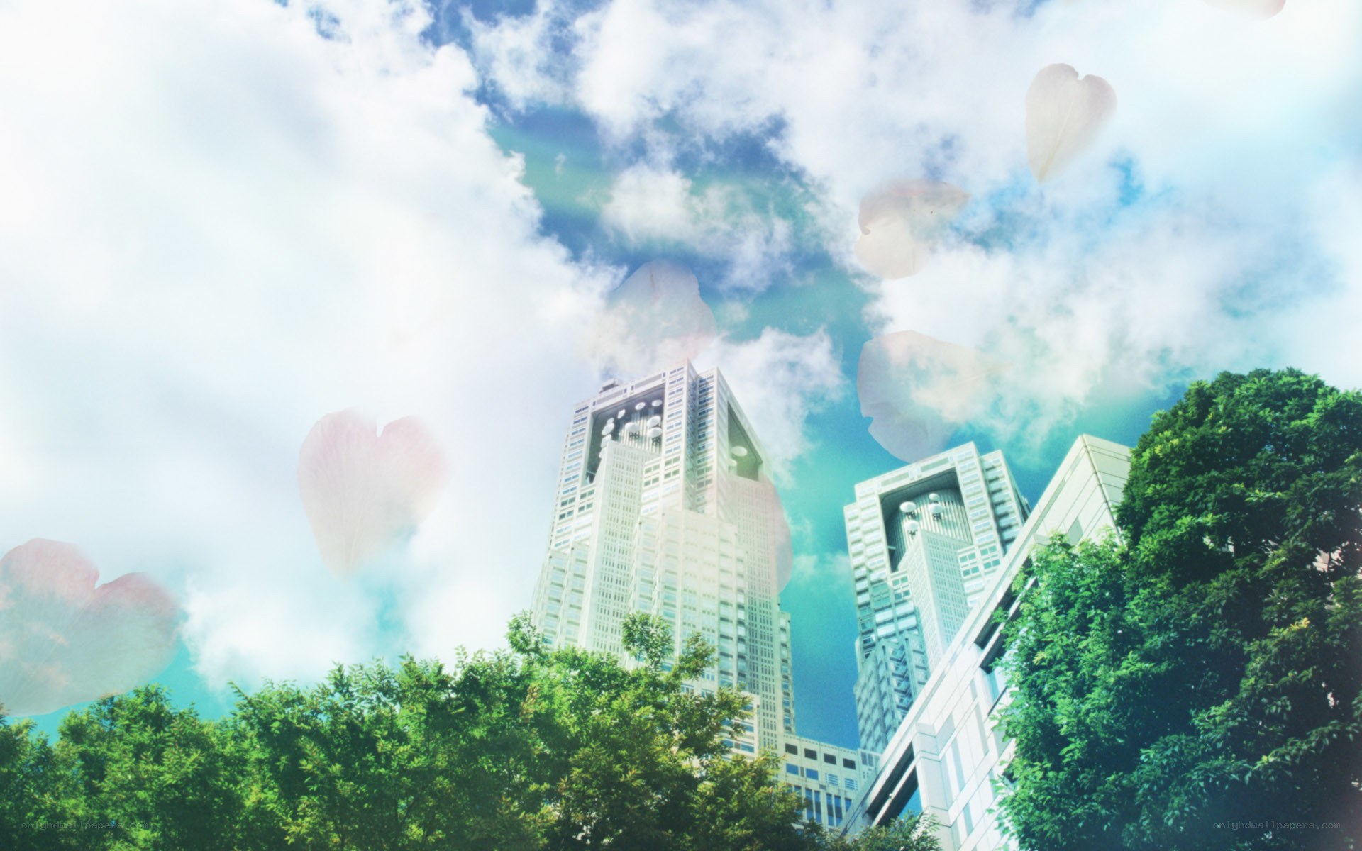 skyscrapers with floating hearts