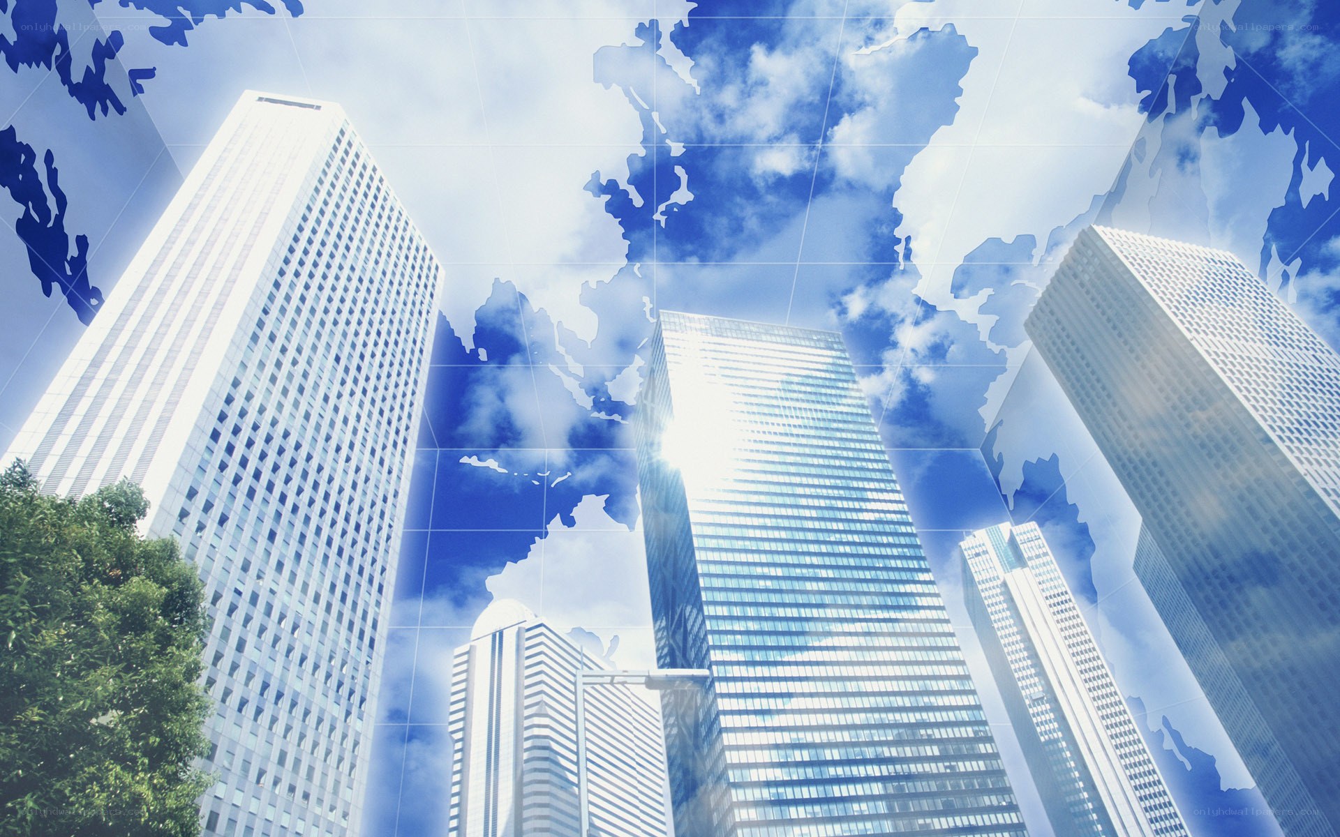 skyscrapers with world map overlay