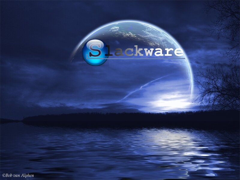 Slackware logo on planet backdrop