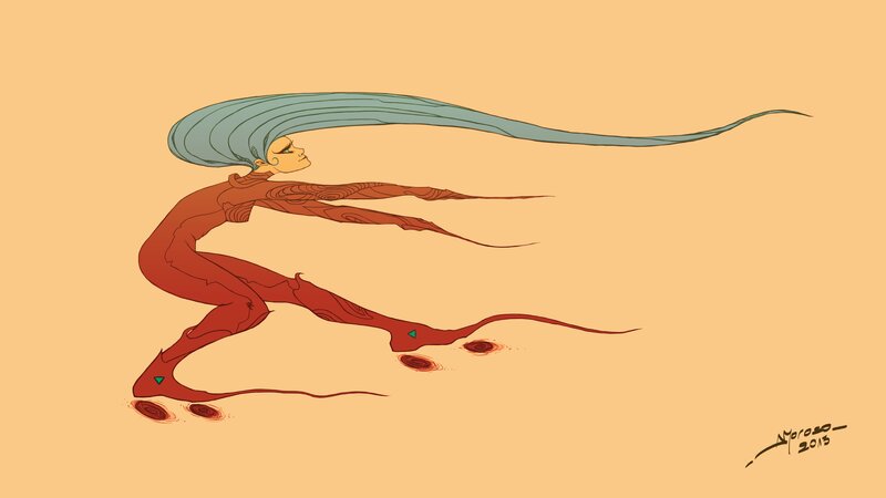 sleek red figure with long blue hair