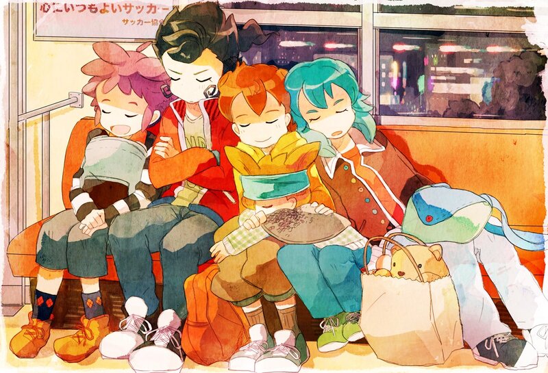 Sleeping anime characters on a train