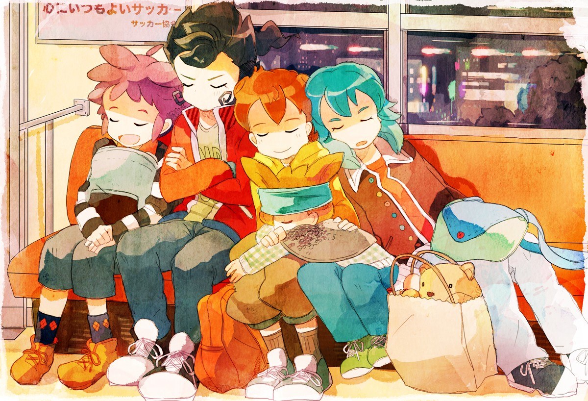 Sleeping anime characters on a train