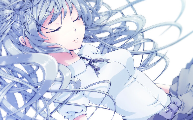 sleeping anime girl with blue hair