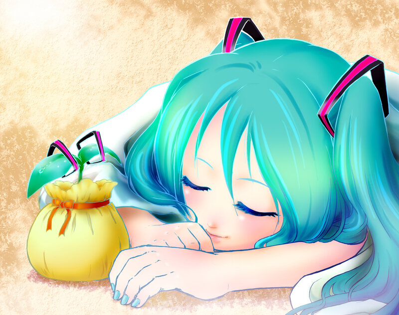 Sleeping anime girl with plant