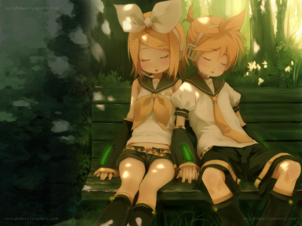 Sleeping anime twins in forest