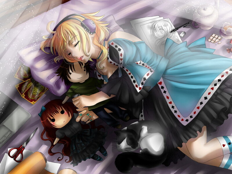 Sleeping artist with dolls