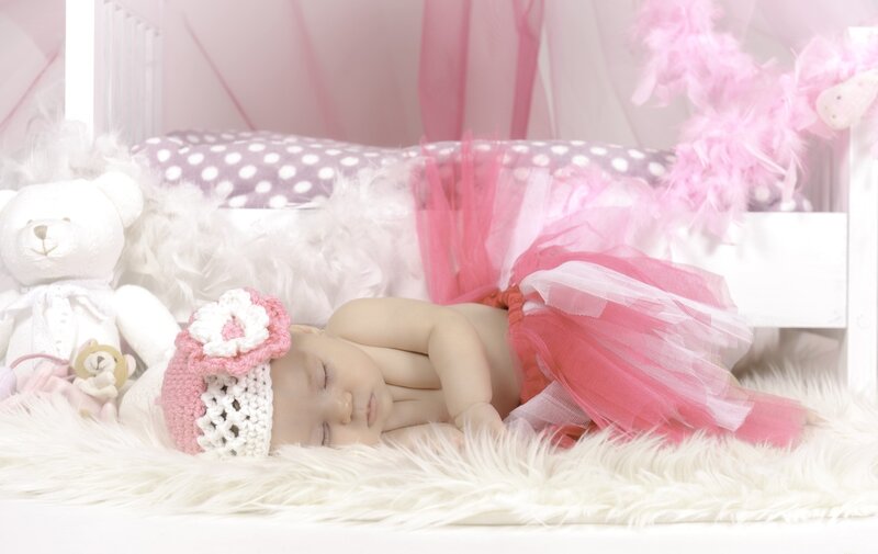 Sleeping Baby Girl — Pink, Serene, Photograph, Teddy Bear