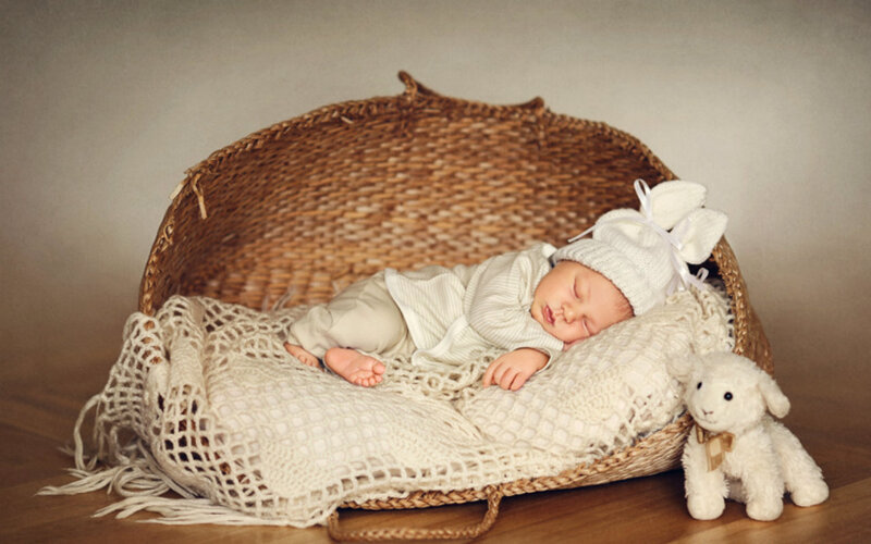 Sleeping Baby in Basket — Beige