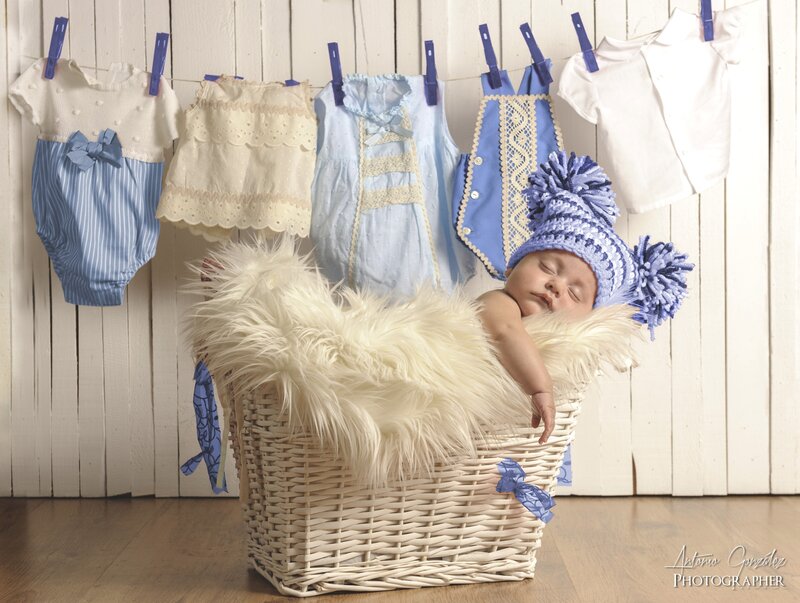 Sleeping Baby in Basket — Blue, Serene