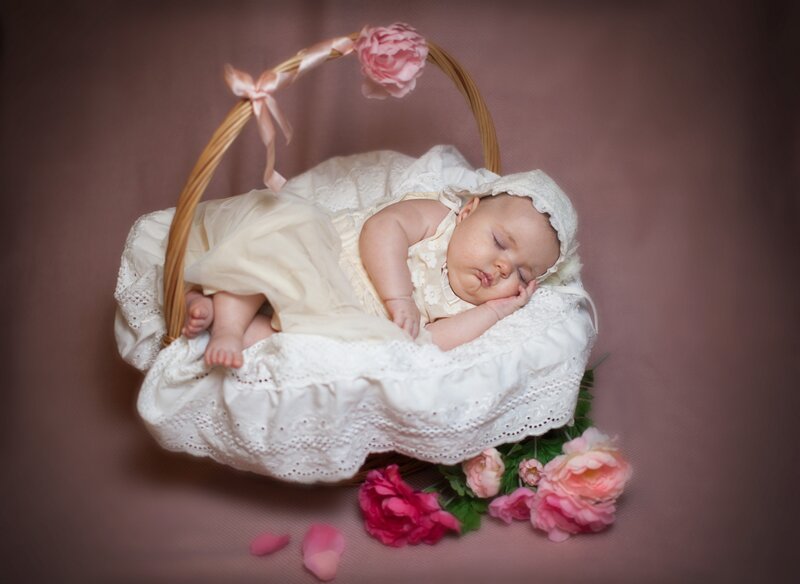 Sleeping Baby in Basket — Pink