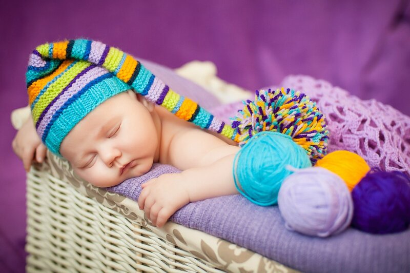 Sleeping Baby in Basket — Purple, Serene, Photograph, Knit Hat