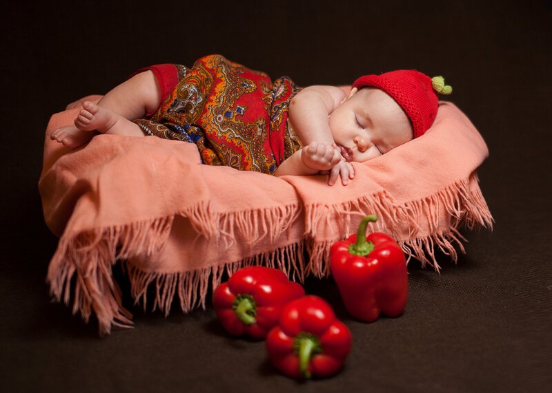 Sleeping Baby in Basket — Red