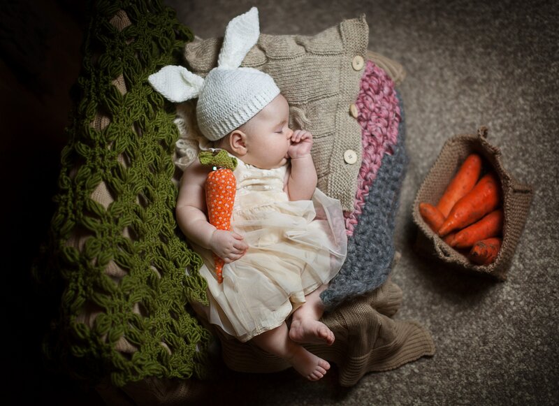 Sleeping Baby in Bunny Hat — White