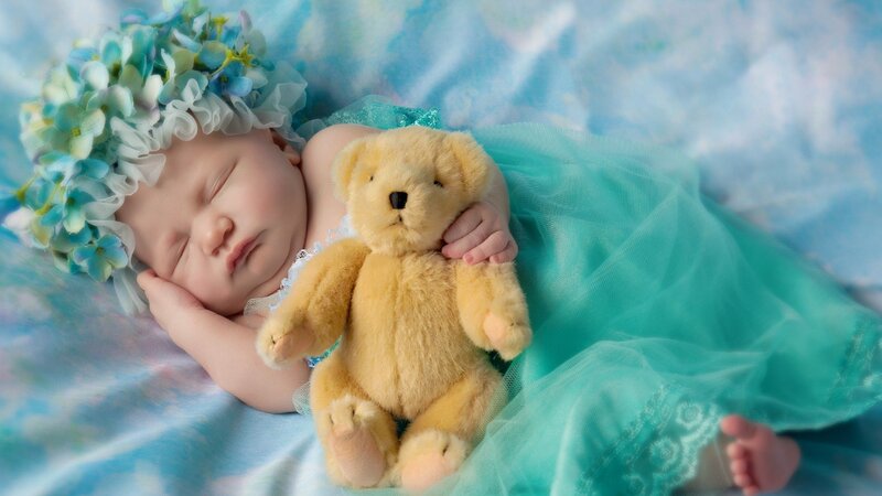 Sleeping Baby with Teddy Bear — Blue, Serene, Photograph