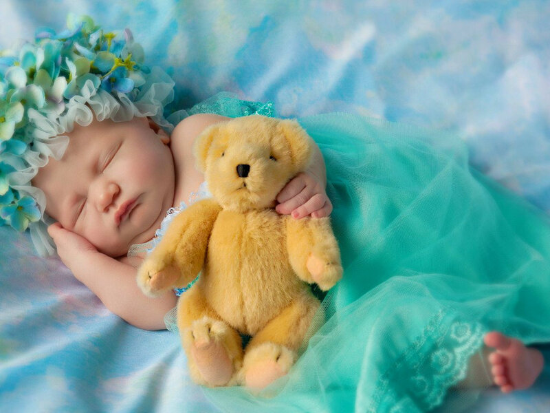 Sleeping Baby with Teddy Bear — Blue, Serene