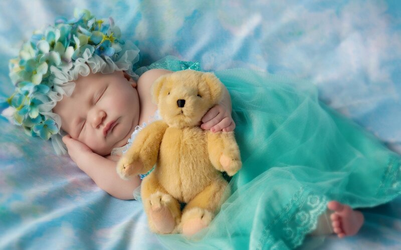 Sleeping Baby with Teddy Bear — Blue