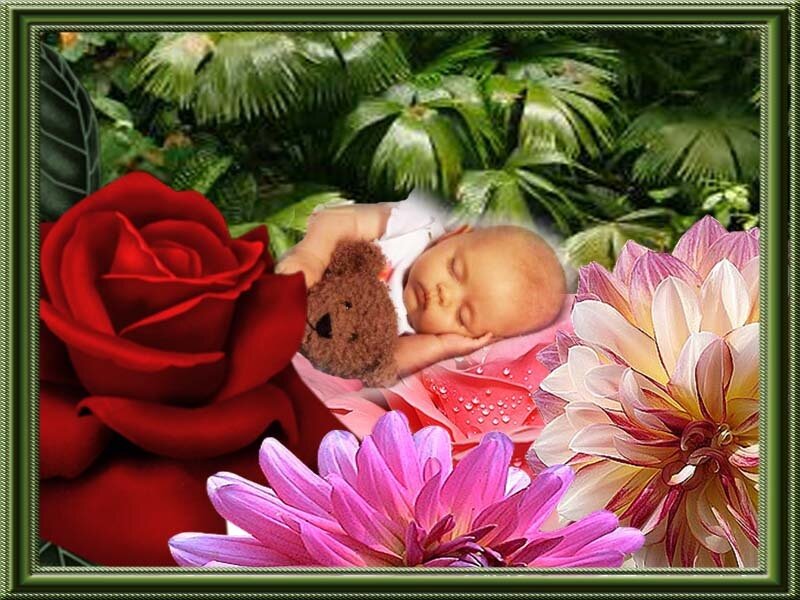 Sleeping Baby with Teddy Bear — Red