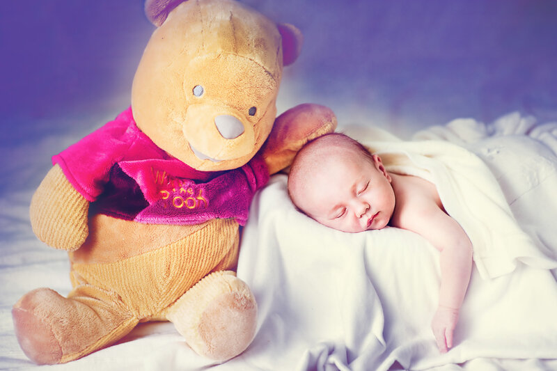 Sleeping Baby with Teddy Bear — White, Serene, Photograph
