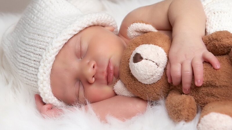 Sleeping Baby with Teddy Bear — White, Serene