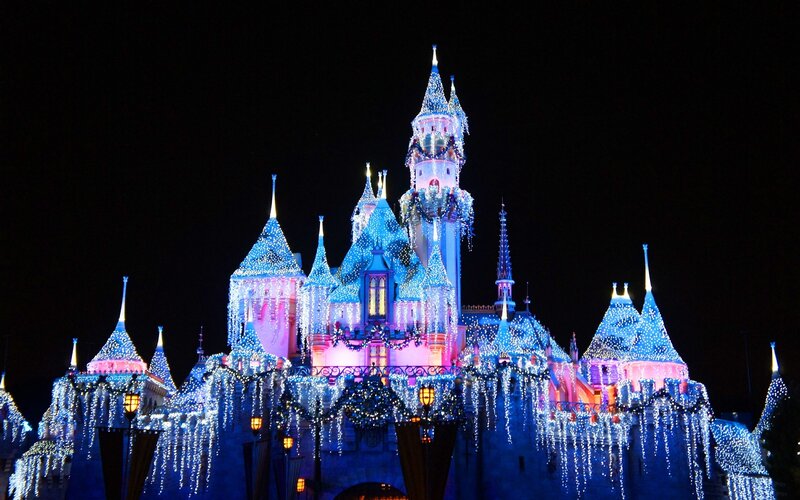 Sleeping Beauty Castle — Blue, Festive, Night, Photograph, Lights, Towers