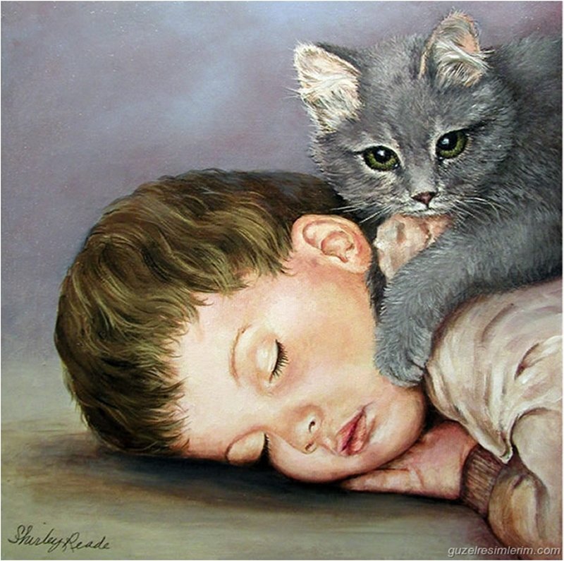 Sleeping Boy with Kitten
