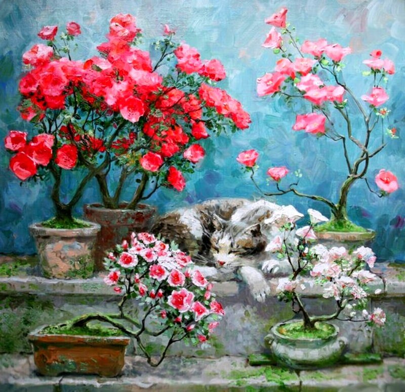 Sleeping Cat Among Flowers — Red