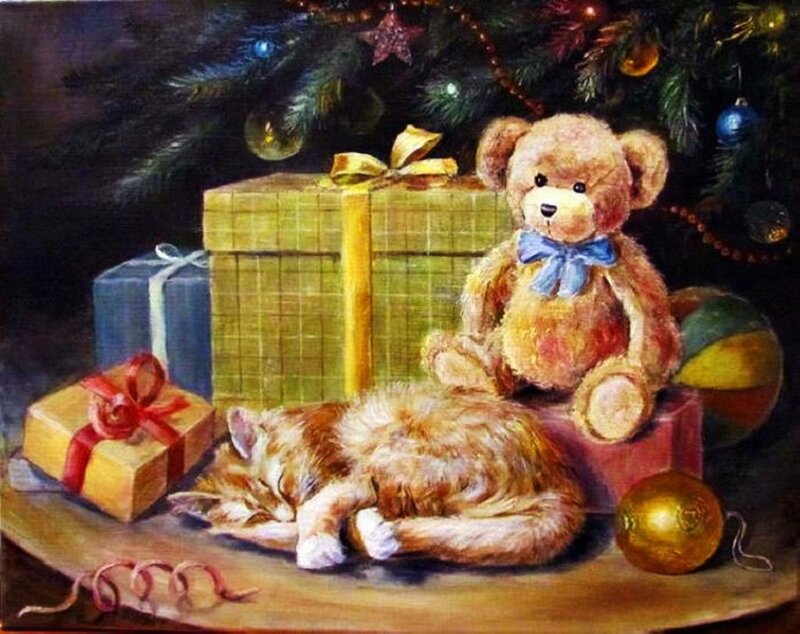 Sleeping Cat and Teddy Bear