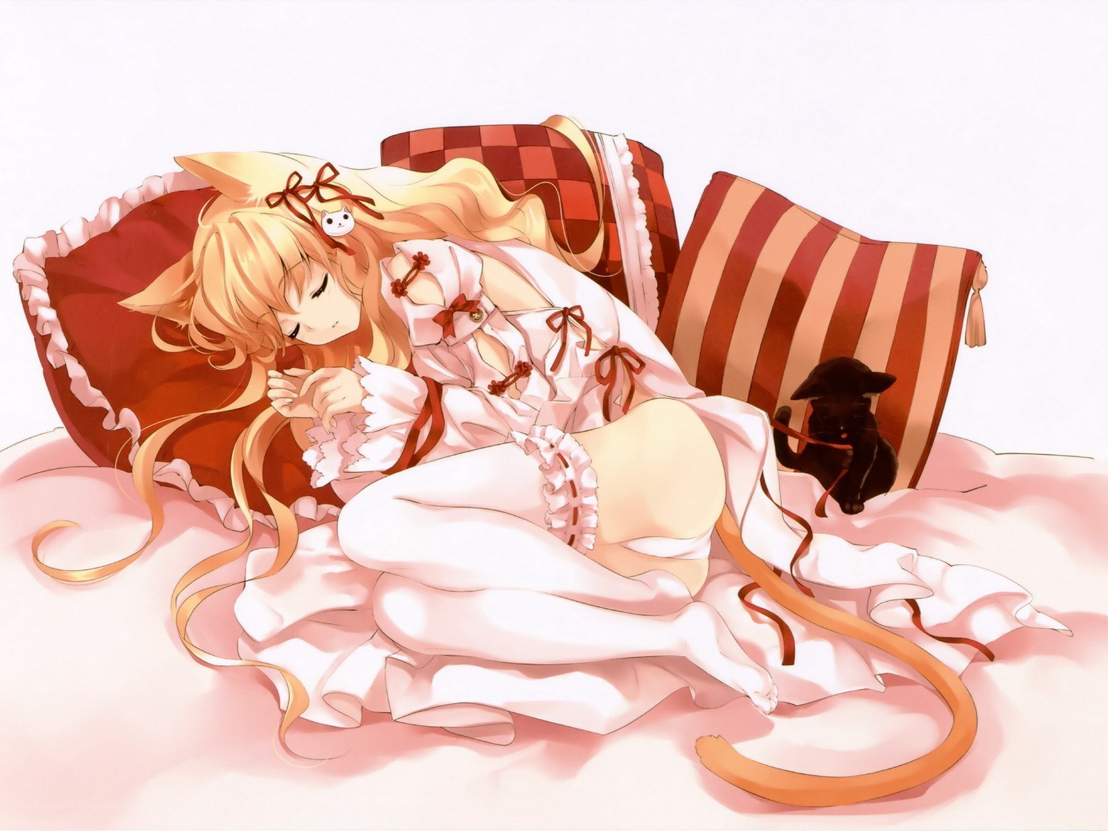Sleeping cat girl with kitten