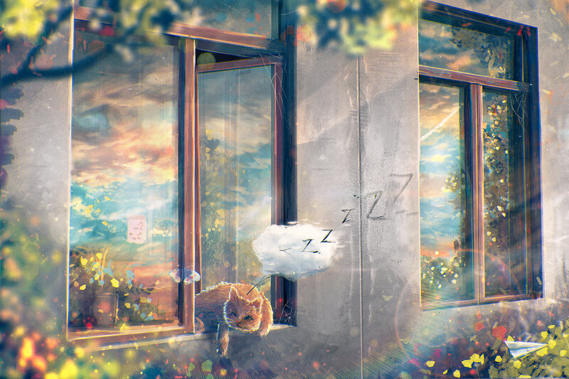 Sleeping Cat on Windowsill — Yellow