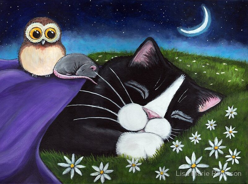 Sleeping Cat with Owl and Mouse