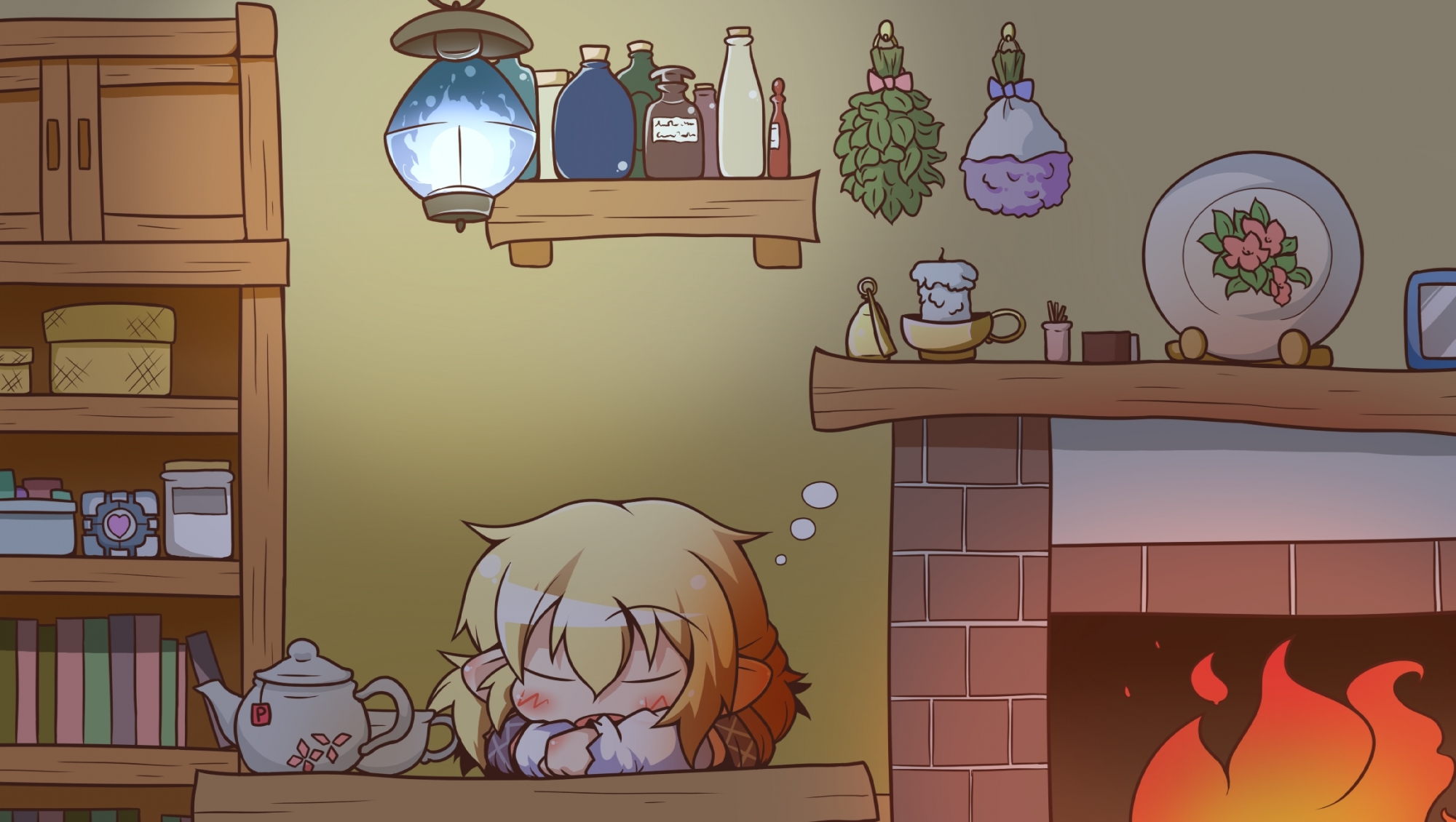 Sleeping character by fireplace