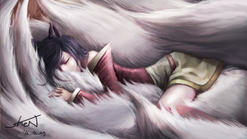 Sleeping Character with Fox Ears — White, Serene, Digital Art, Fox Tail