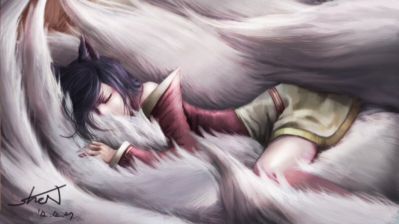 Sleeping Character with Fox Ears — White, Serene, Digital Art