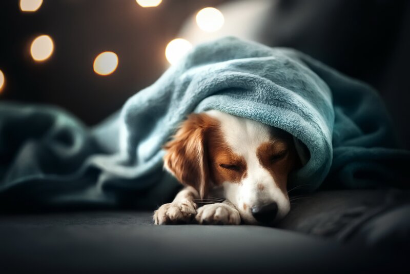 Sleeping Dog under Blanket — Blue