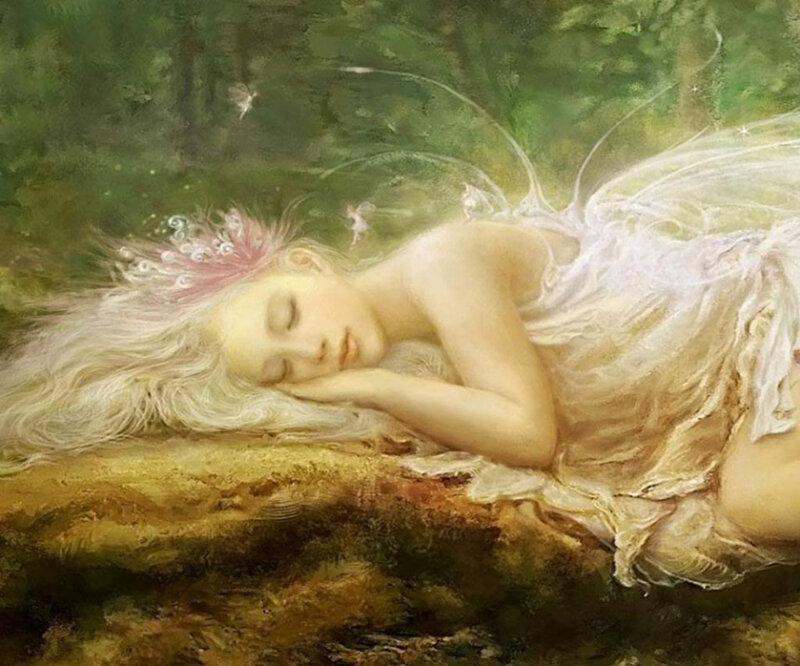 Sleeping Fairy in Forest — Green, Serene, Afternoon, Painting