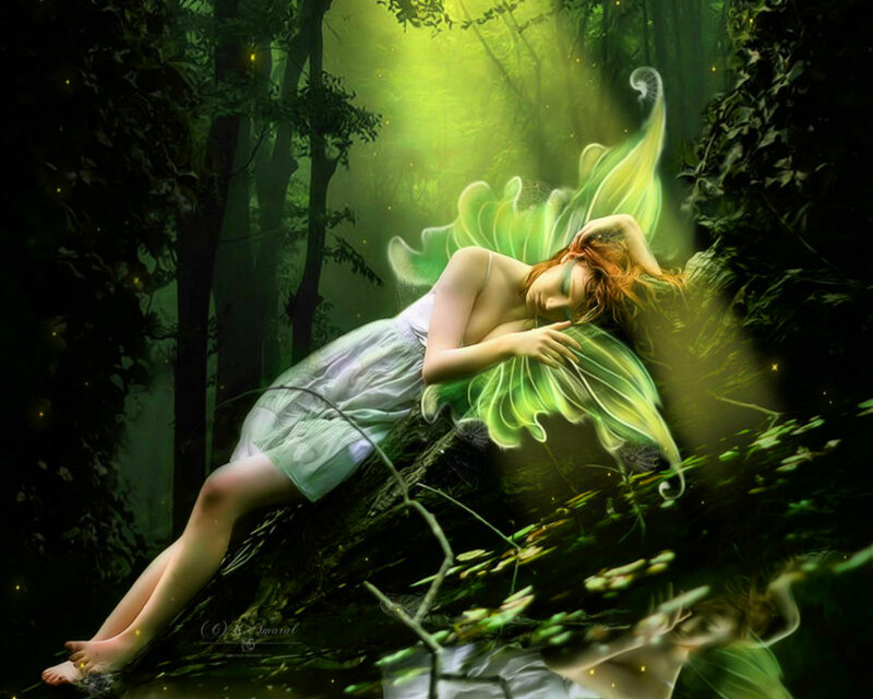 Sleeping Fairy in Forest — Green, Serene, Night
